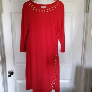 A Red Gold Stones Asymmetric Midi Dress